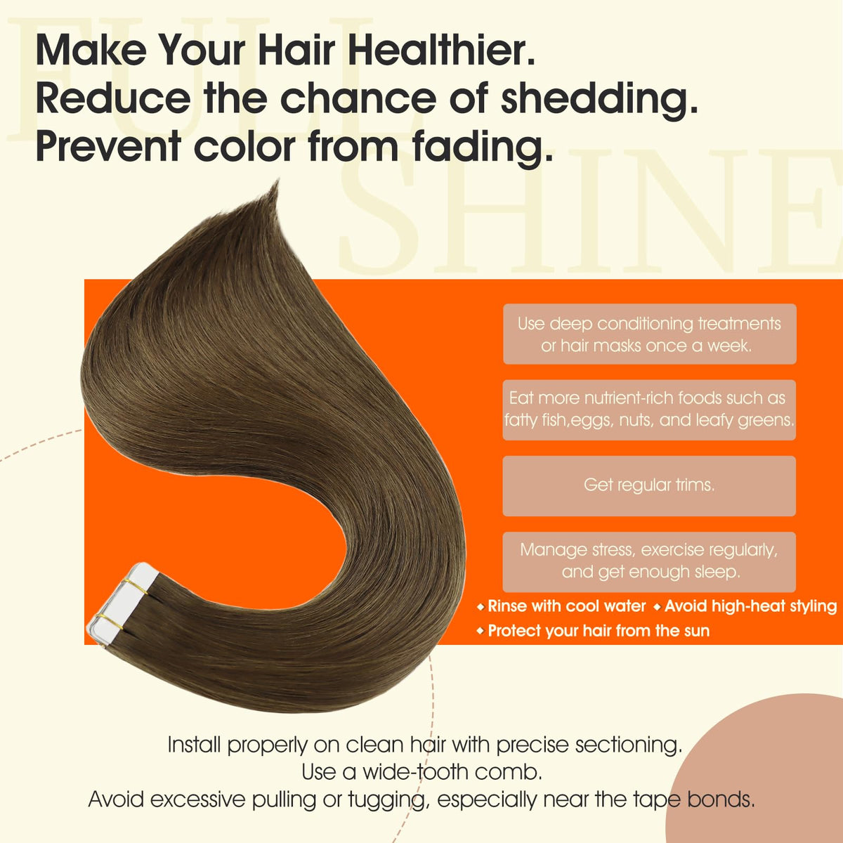 Extensions de cheveux Full Shine 22 pouces en brun foncé sur un fond neutre