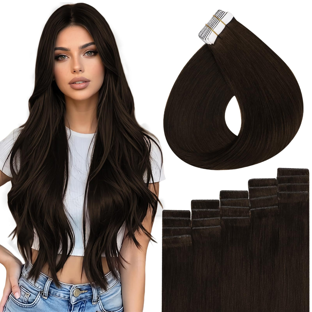 Extensions de cheveux Full Shine brun foncé de 18 pouces en vue de face