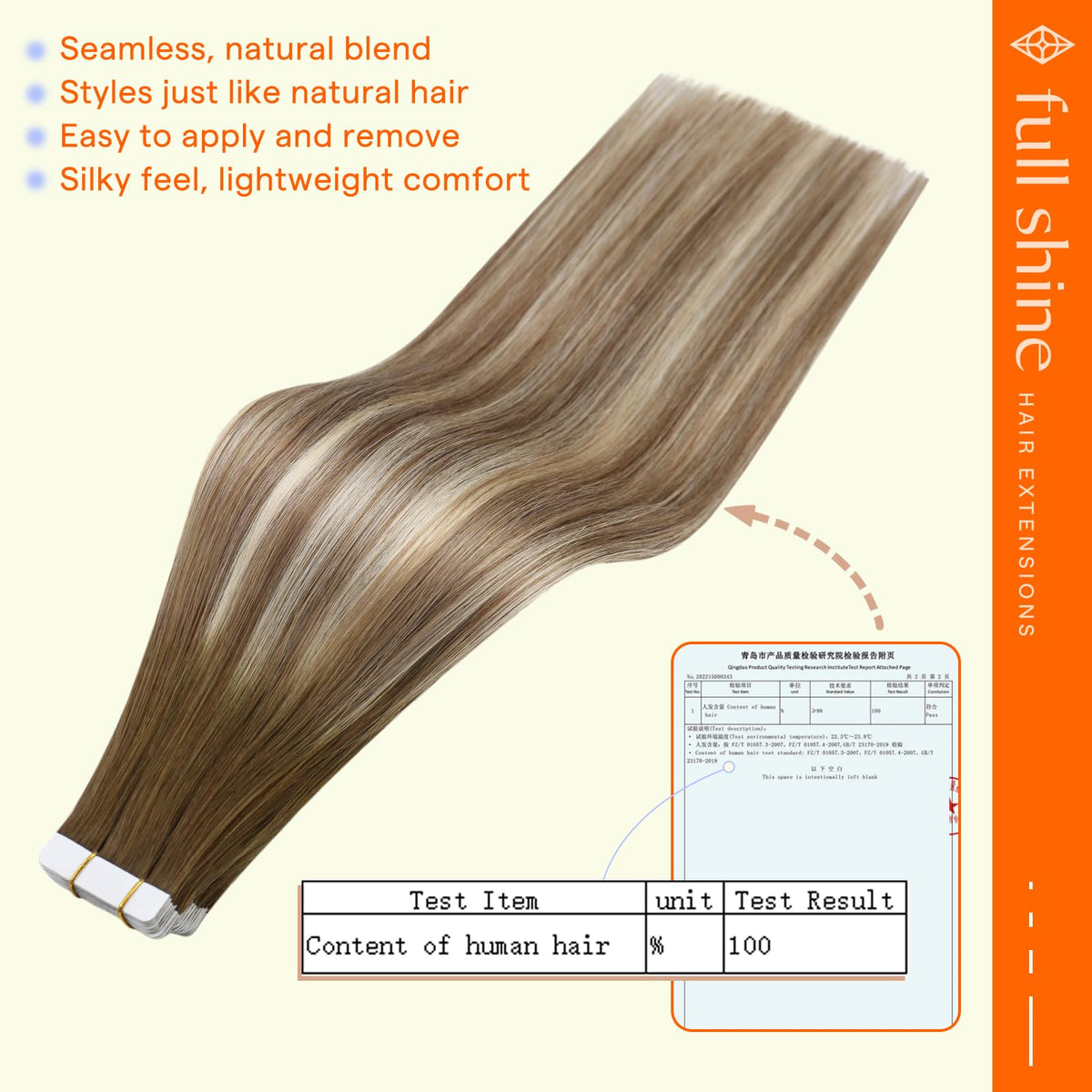 Extensions de cheveux Full Shine montrant la couleur châtaigne blond
