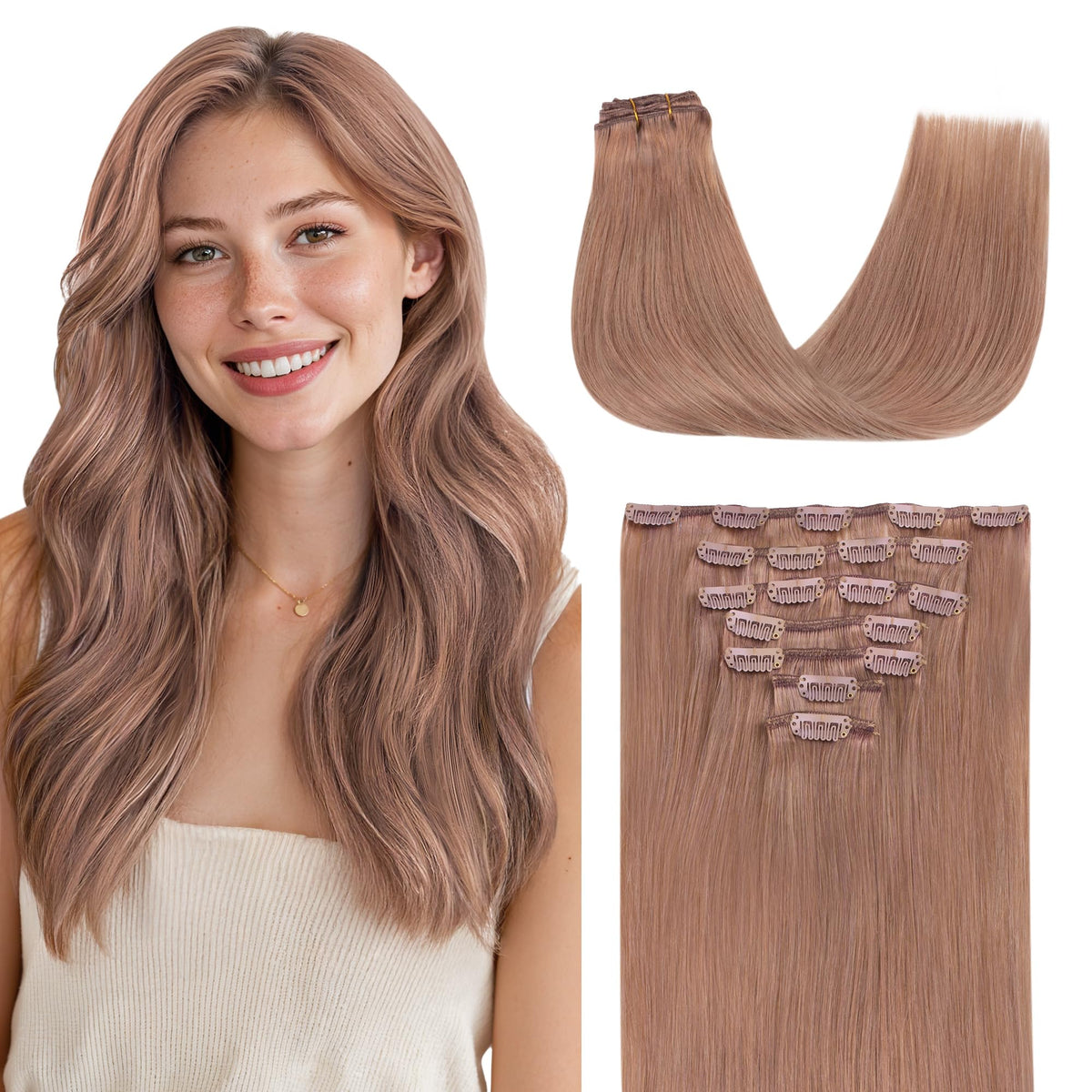 Extensions de cheveux GOO GOO 18 pouces couleur Rose Gold vue de face
