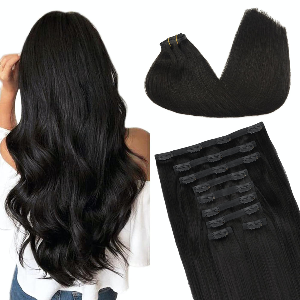 Extensions de Cheveux GOO GOO 24 pouces couleur #1B Noir Naturel vue de face