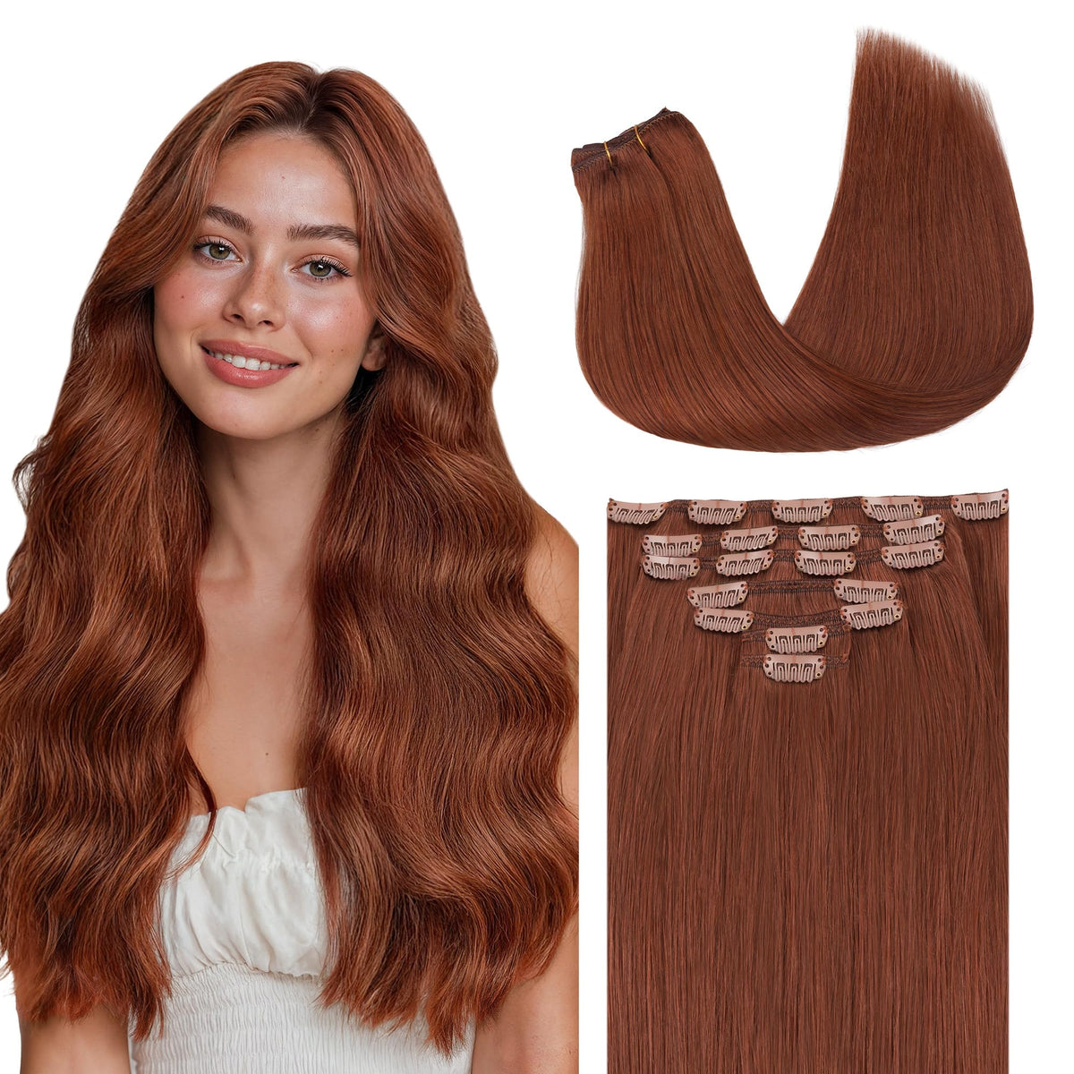 Extensions de cheveux GOO GOO clip-in 18 pouces auburn foncé vue de face
