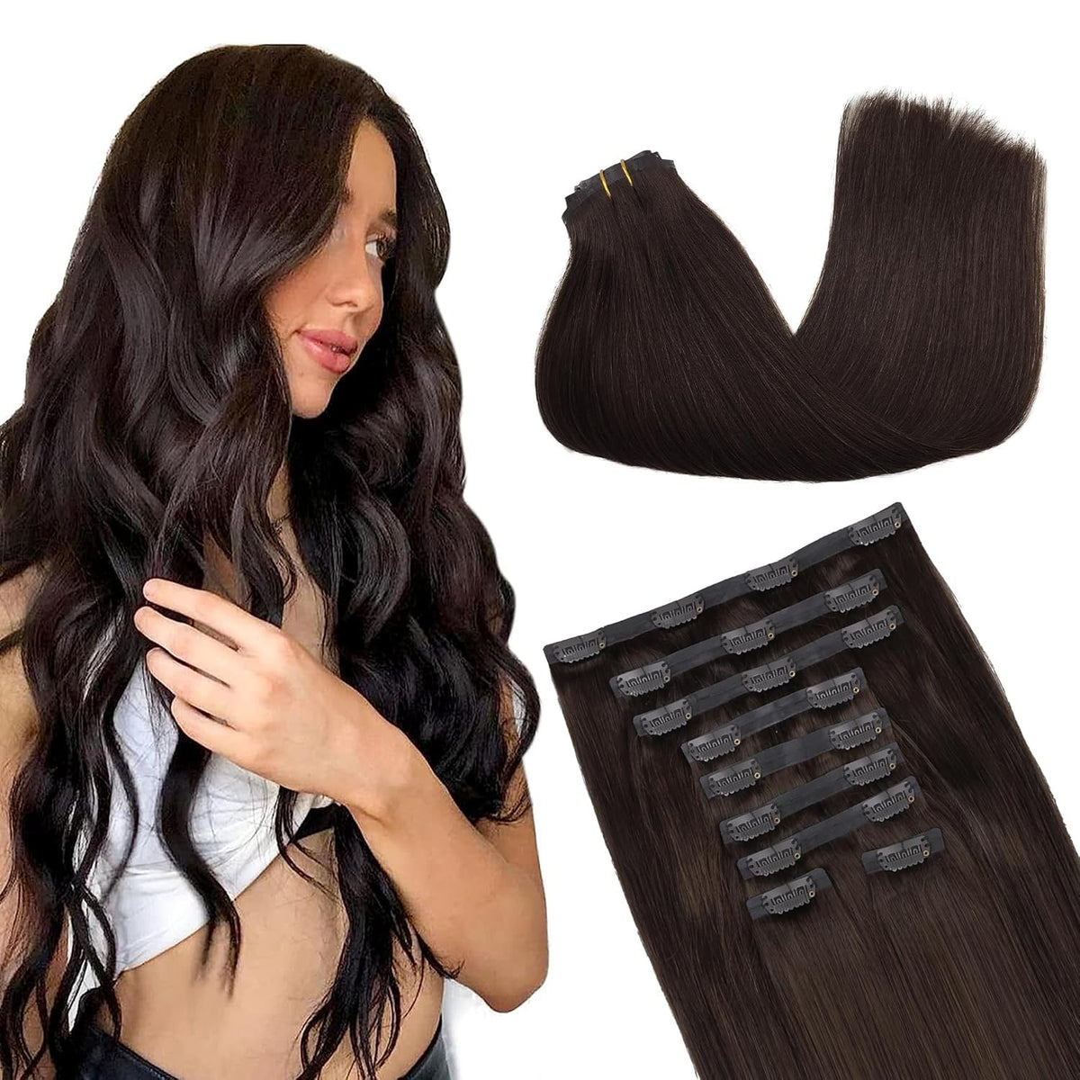 Extensions de cheveux GOO GOO clip-in en cheveux humains réels, 20 pouces, couleur châtain clair