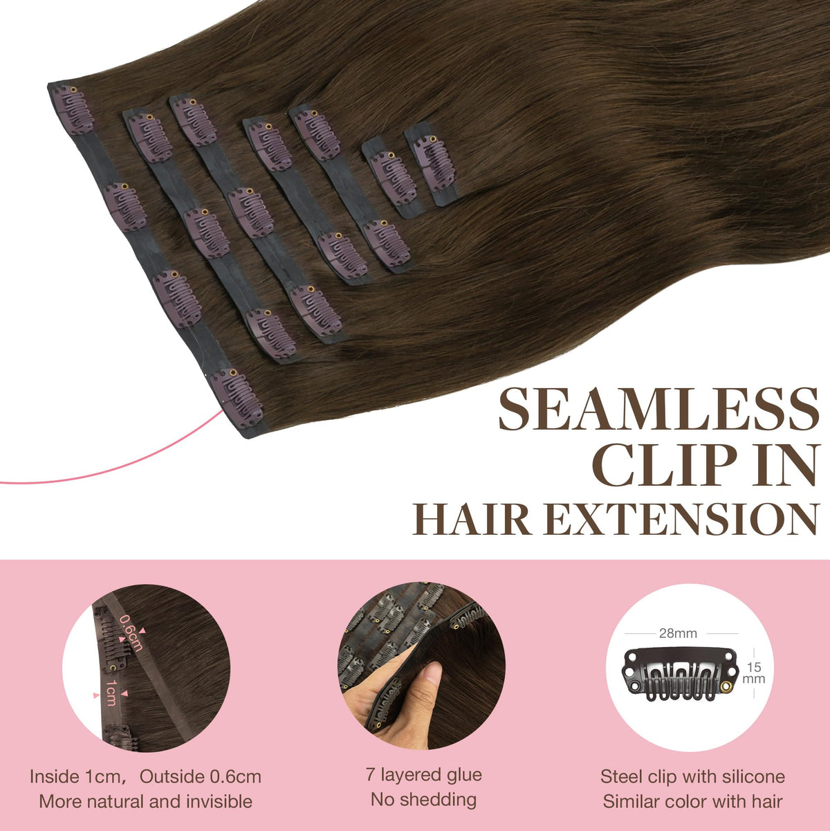 Extensions de cheveux GOO GOO en couleur chocolat brun sur fond blanc