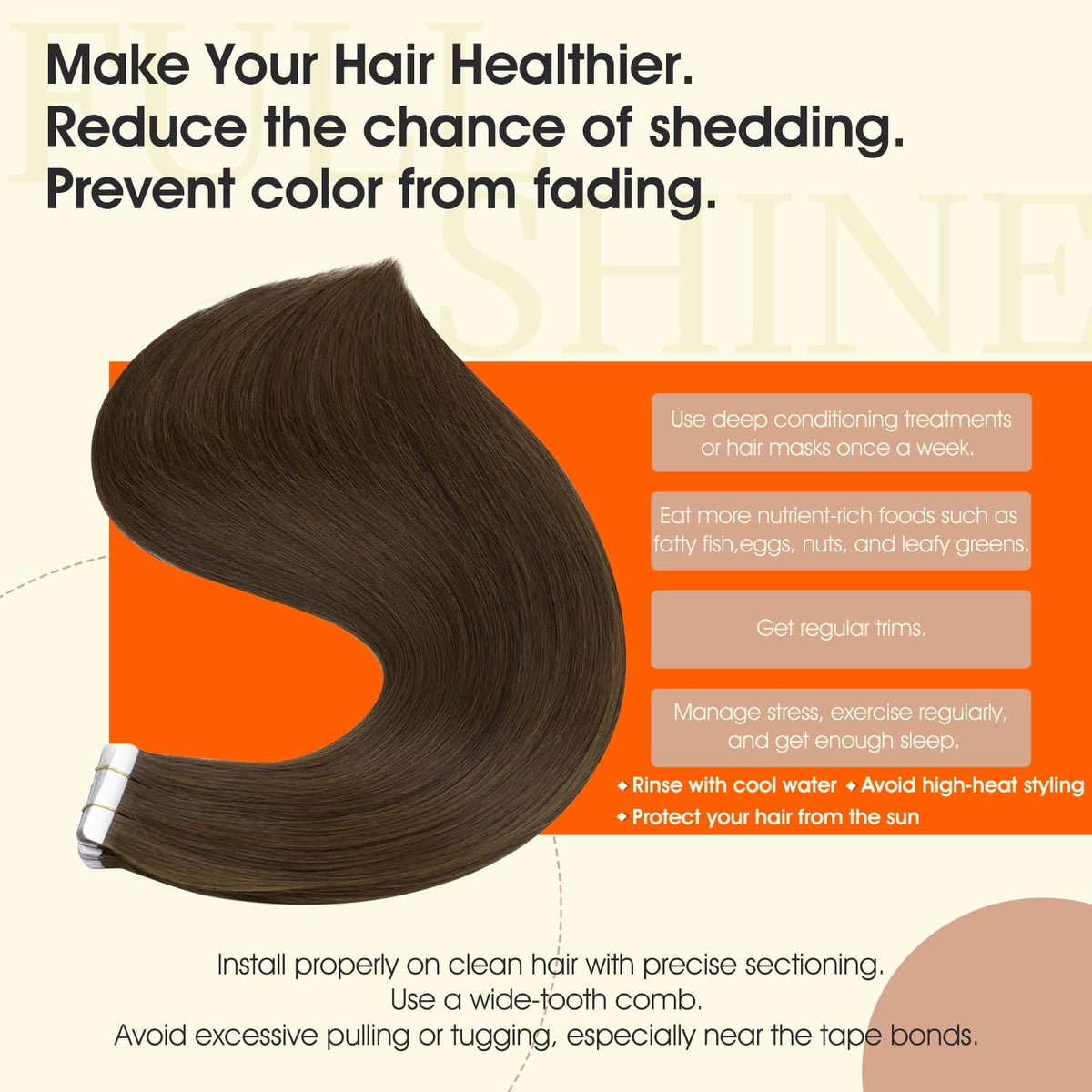 Extensions de cheveux humains Full Shine montrant la texture soyeuse