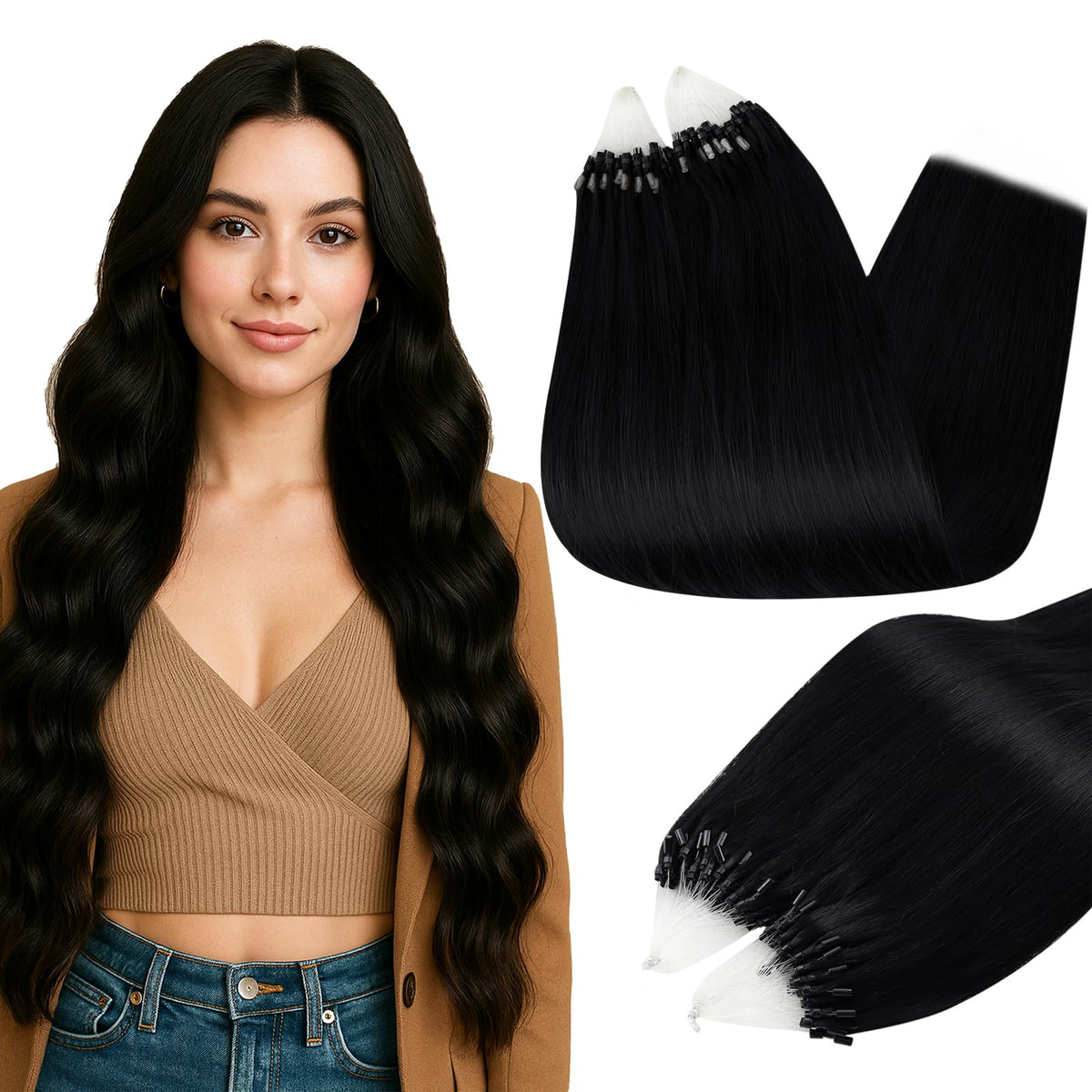 Extensions de cheveux humains Micro Link 28 pouces couleur noir profond vue de face