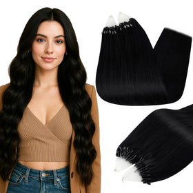 Extensions de cheveux humains Micro Link 28 pouces couleur noir profond vue de face