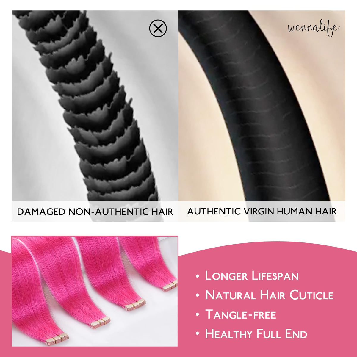 Extensions de cheveux humains rose fluo dans leur emballage