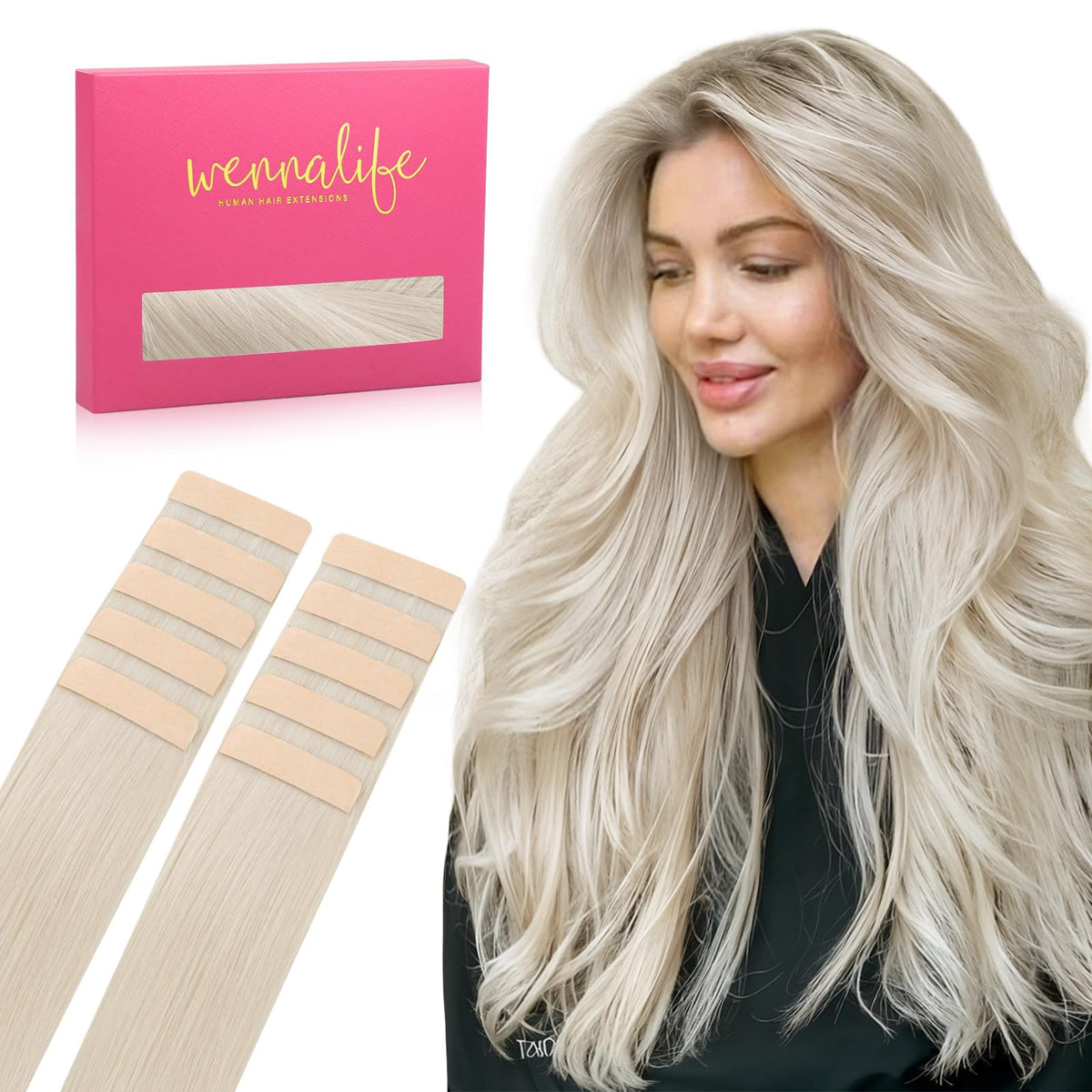 Extensions de cheveux humains Wennalife 20 pouces couleur platine blonde vue de face