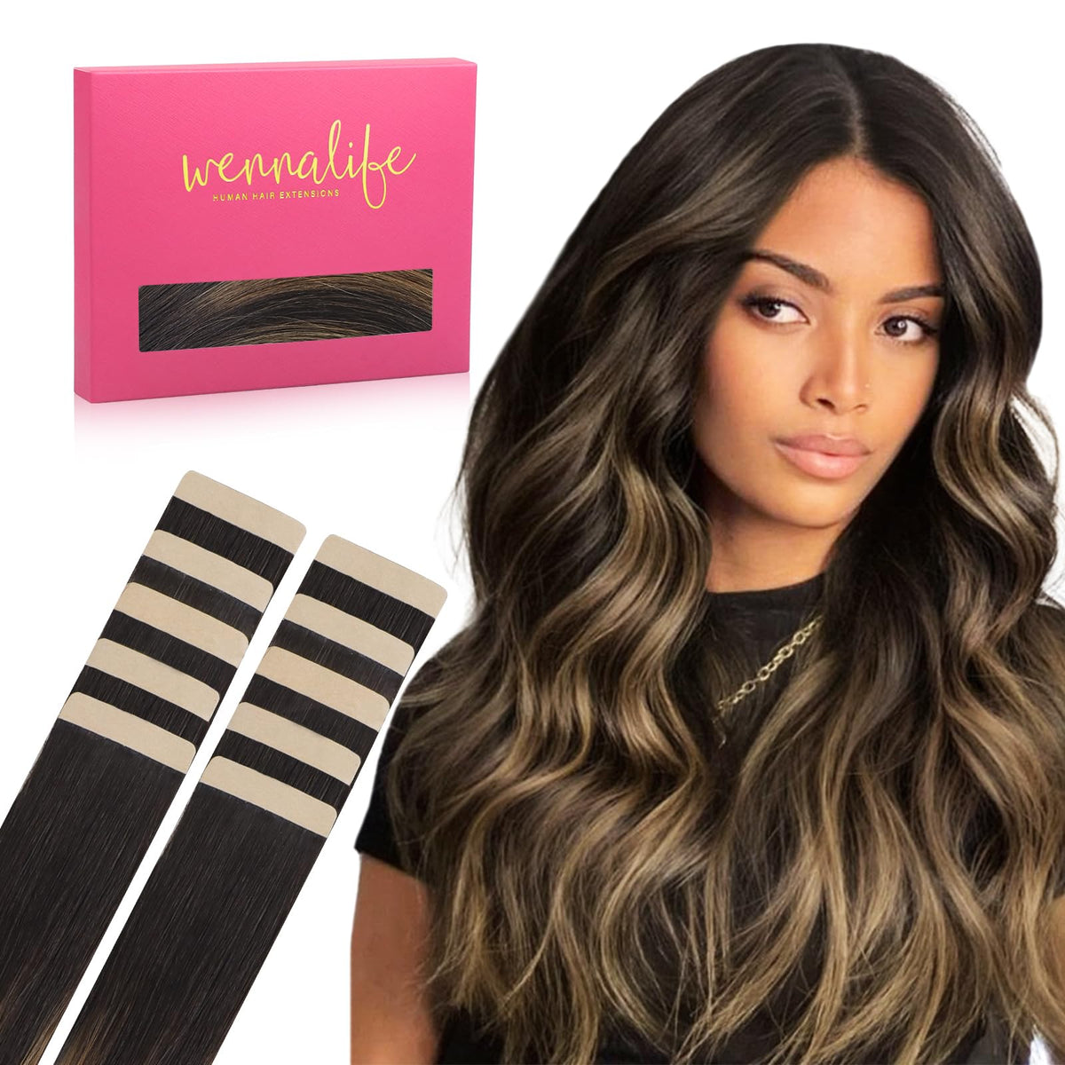 Extensions de cheveux humains Wennalife balayage marron foncé modèle avant