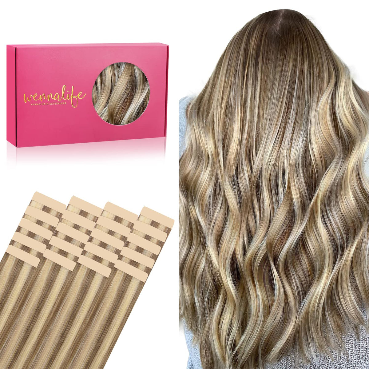 Extensions de cheveux humains Wennalife châtain cendré avec reflets platine, vue de face