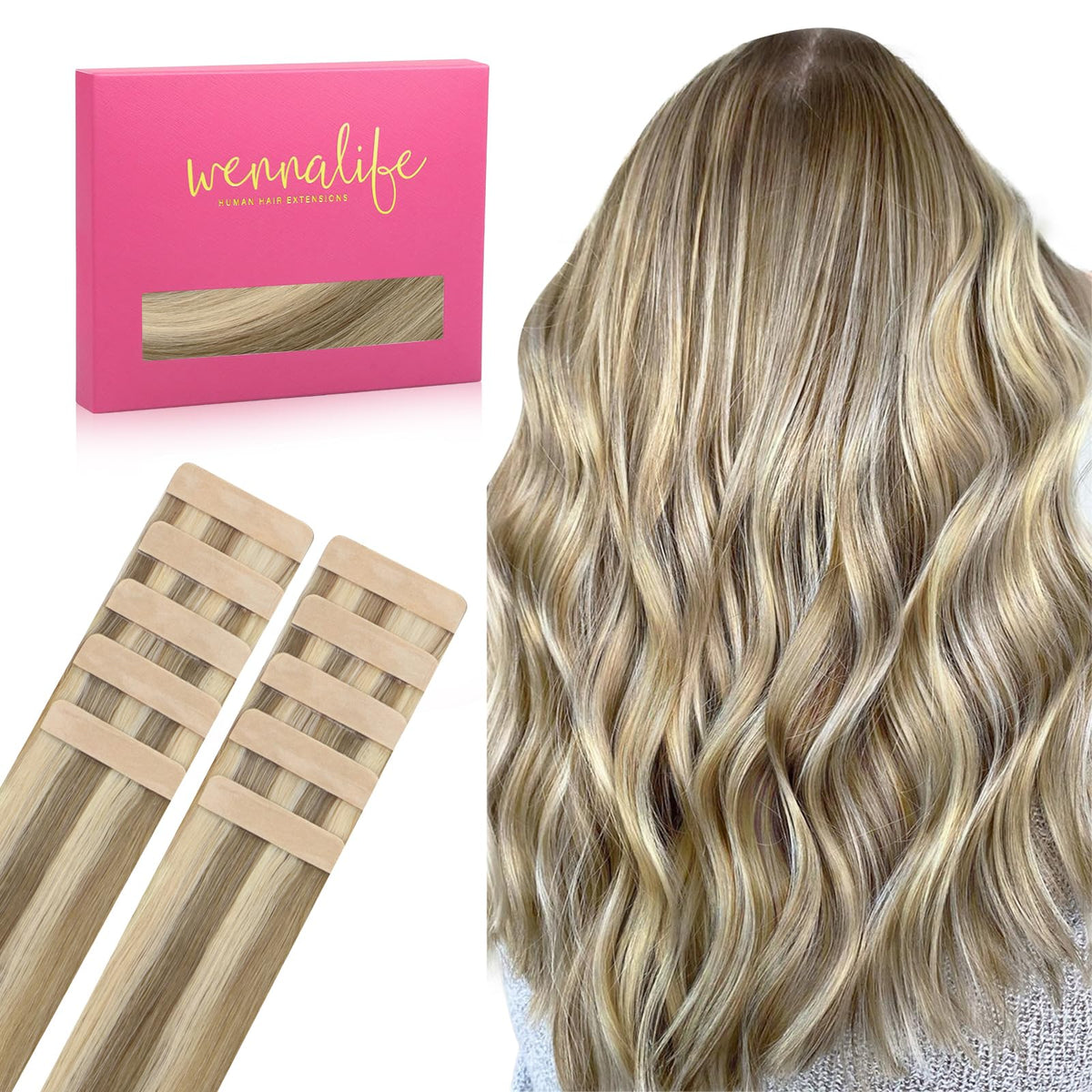 Extensions de cheveux humains Wennalife châtain cendré avec reflets platine, vue de face