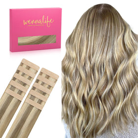 Extensions de cheveux humains Wennalife châtain cendré avec reflets platine, vue de face