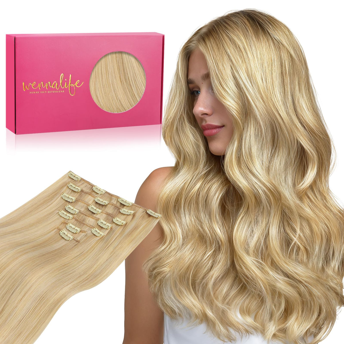 Extensions de cheveux humains Wennalife clip in 16 pouces couleur blonde claire