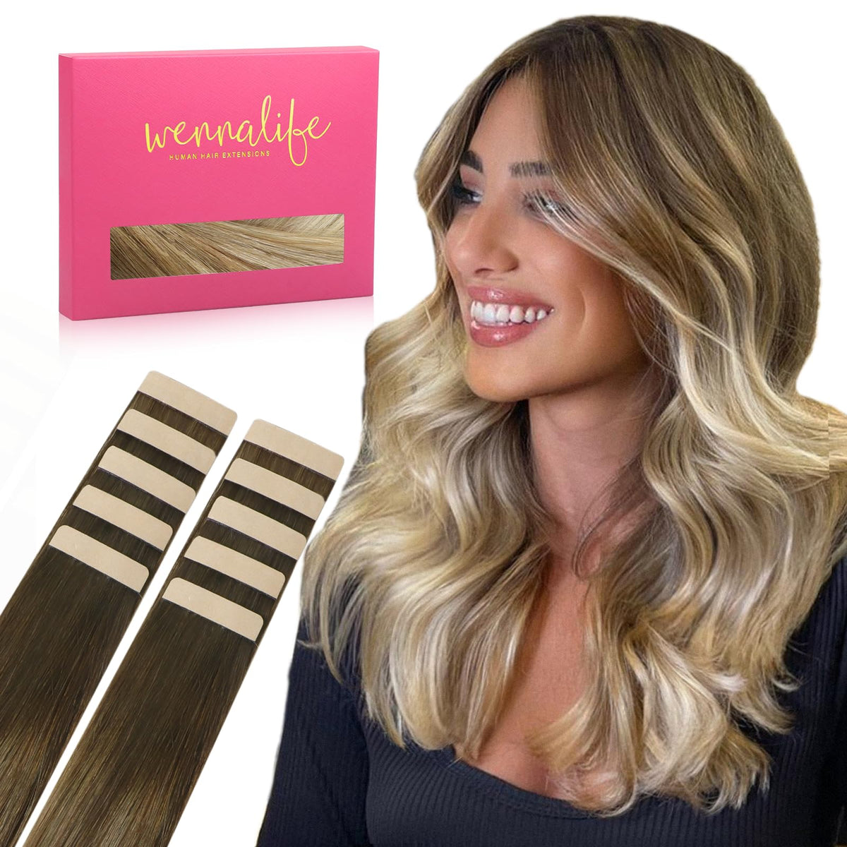 Extensions de cheveux humains Wennalife ombre brun à blond, 20 pouces, vue de face