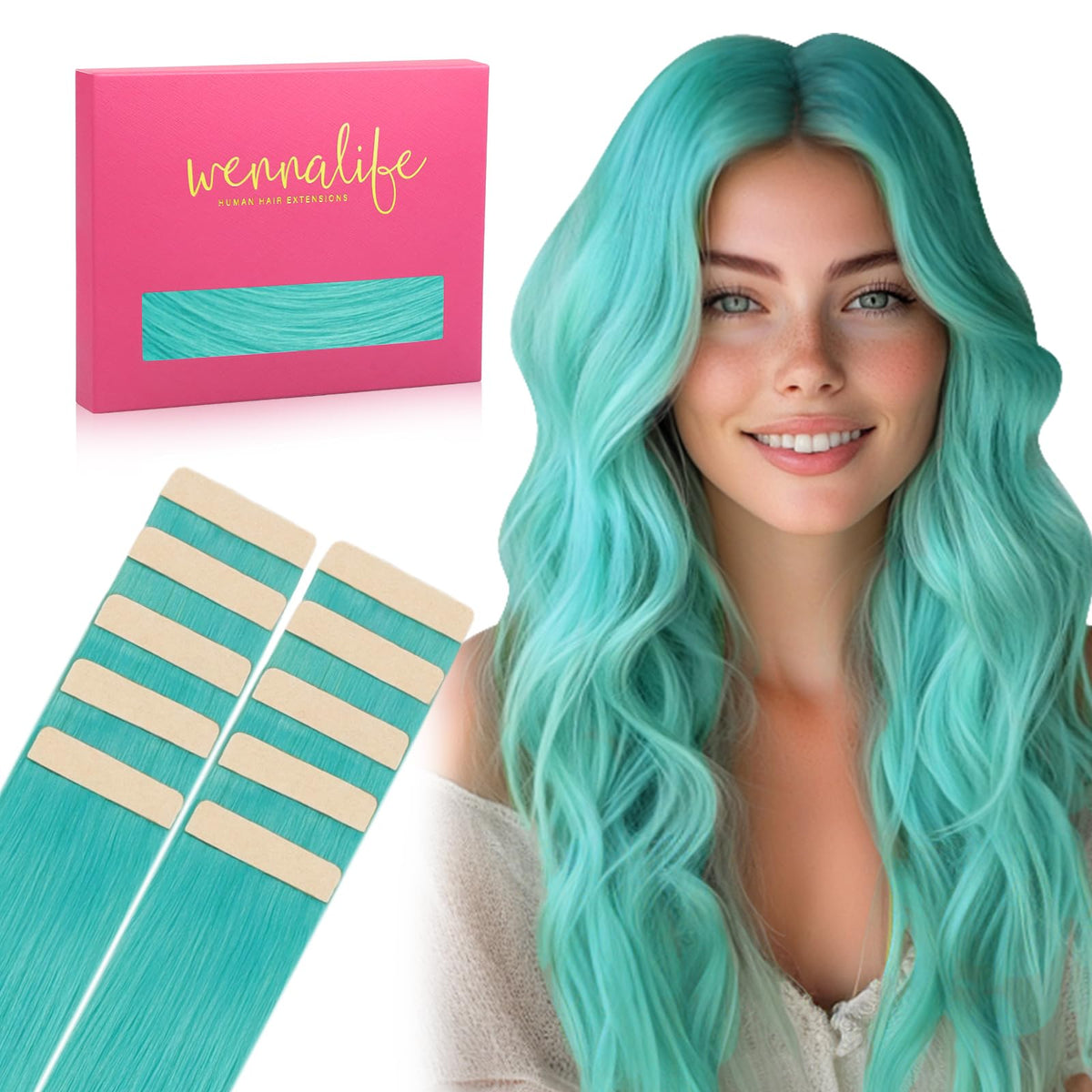 Extensions de cheveux humains Wennalife Teal Green 18 pouces vue de face