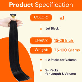 Extensions de cheveux I Tip 16 pouces en noir jais, installées sur un modèle