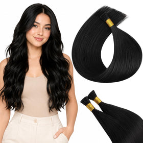 Extensions de cheveux I Tip 16 pouces en noir jais, vue de face