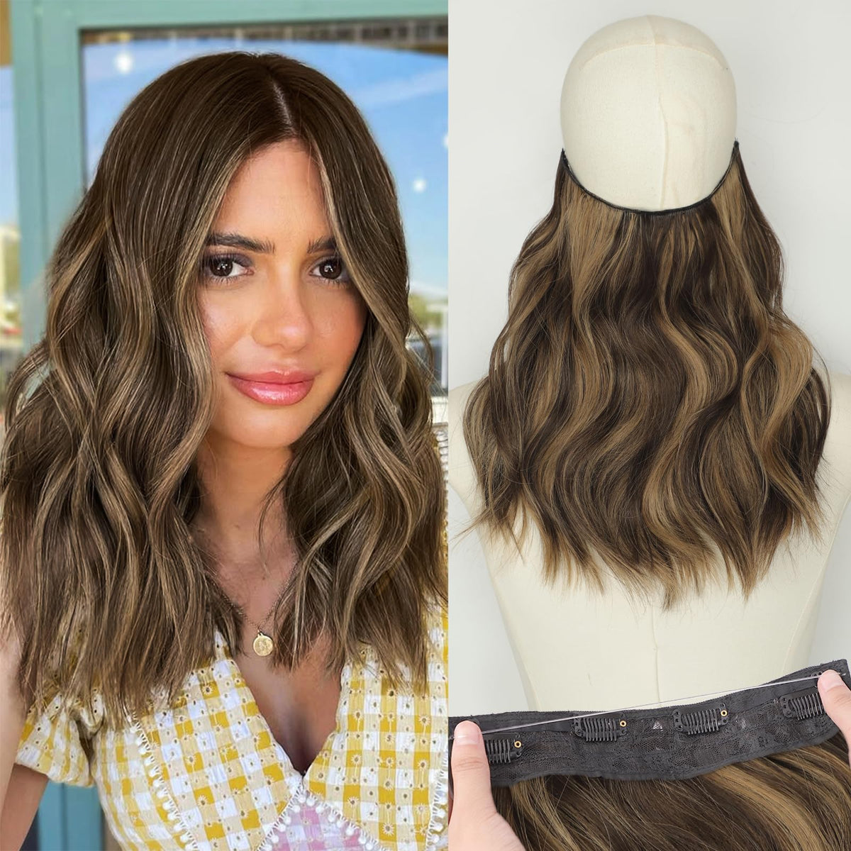 Extensions de cheveux KooKaStyle 12 pouces couleur balayage chocolat caramel vue de face