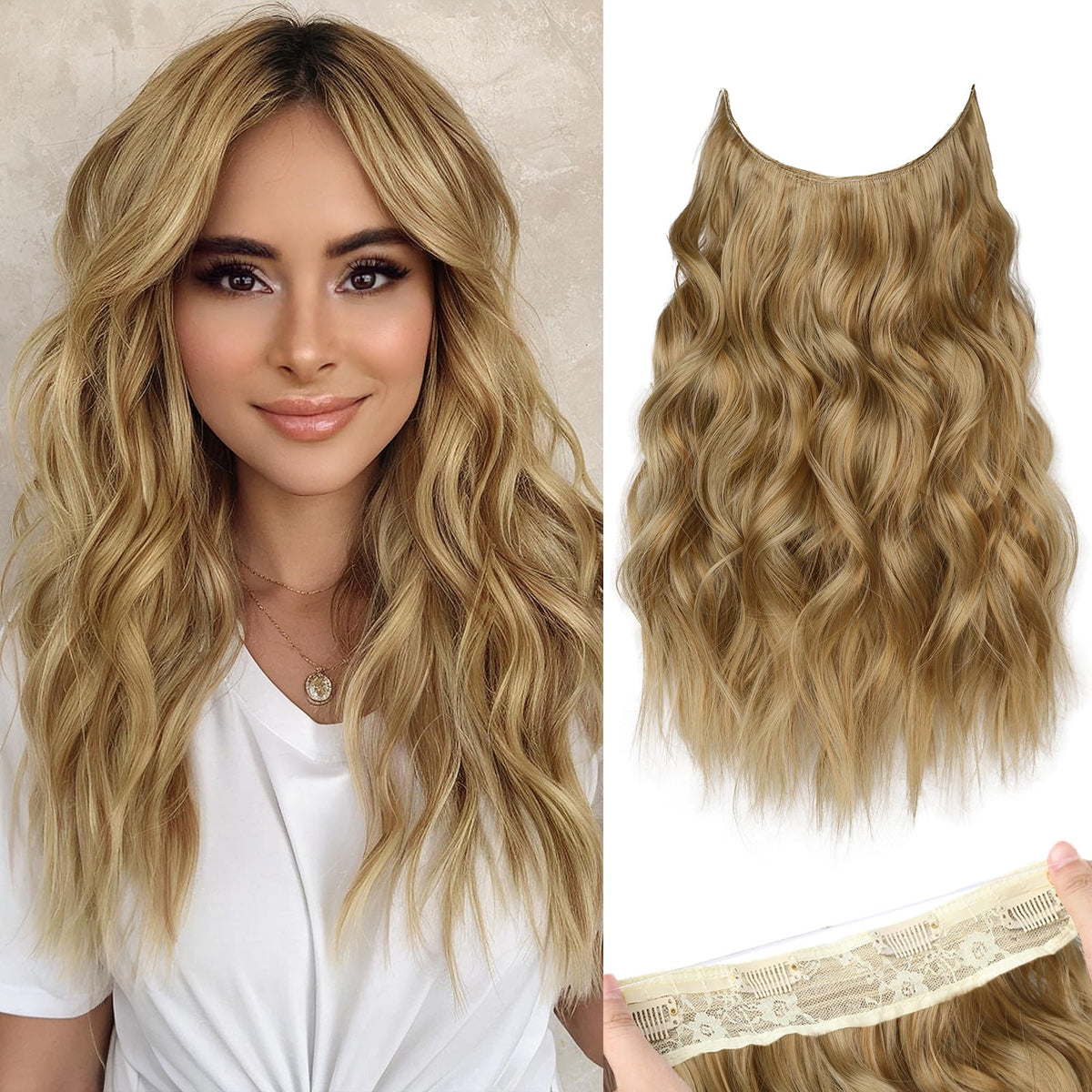 Extensions de cheveux KooKaStyle ondulées blond miel, vue de face