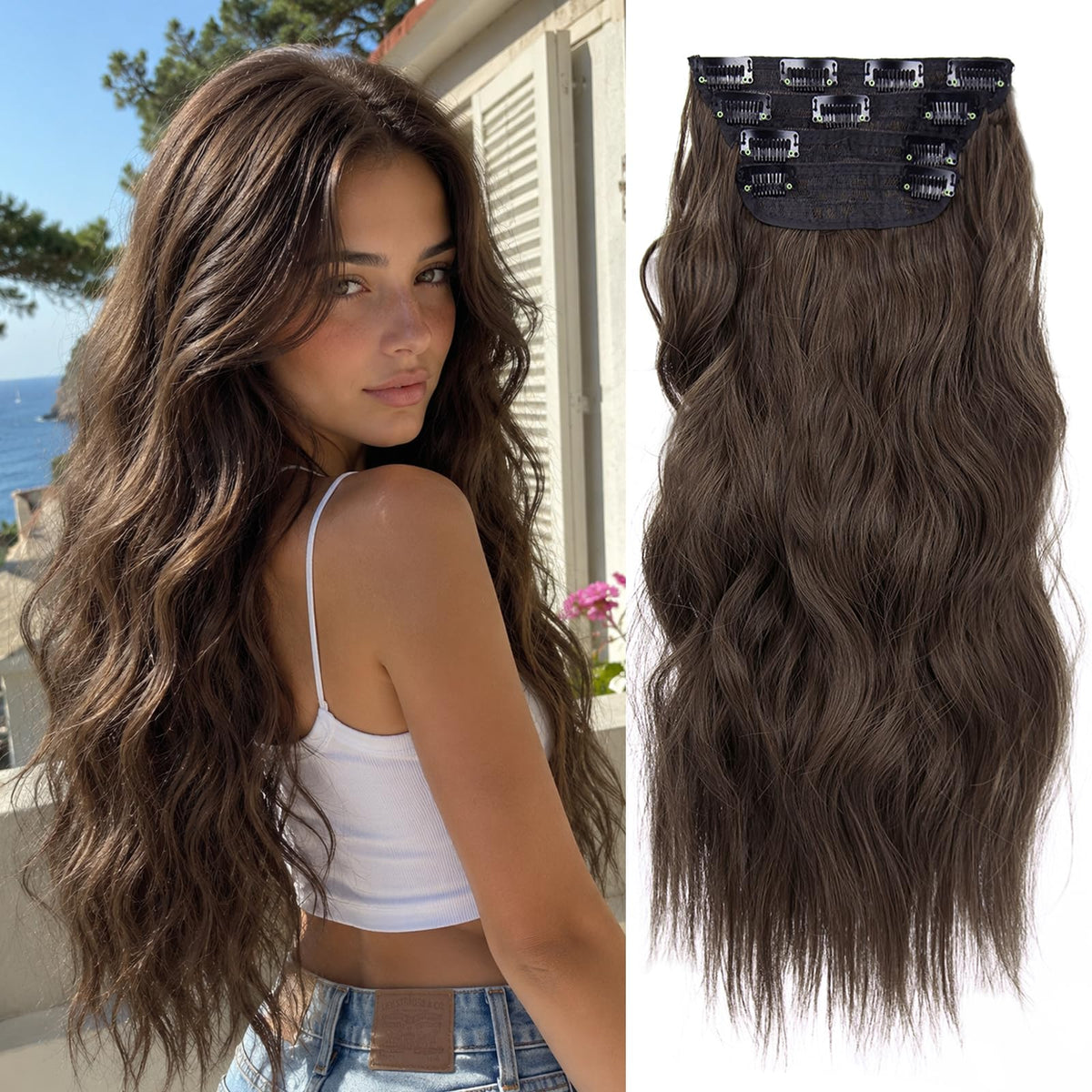 Extensions de cheveux LEEONS 20 pouces châtaigne vue de face