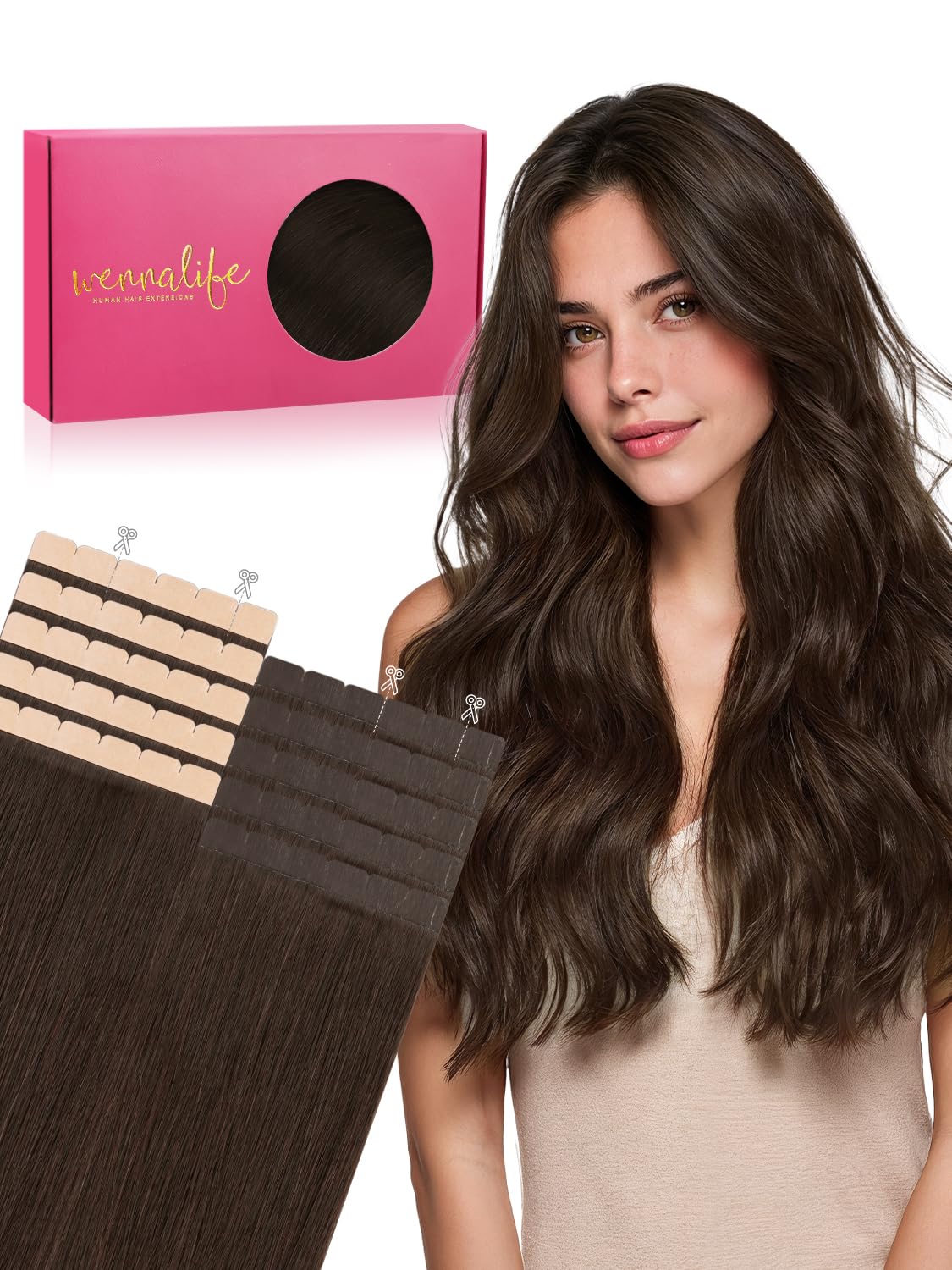 Extensions de cheveux mini tape Wennalife brun chocolat 20 pouces vue de face