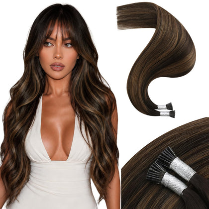 Extensions de cheveux Moresoo I Tip ombre châtaigne 16 pouces, vue avant