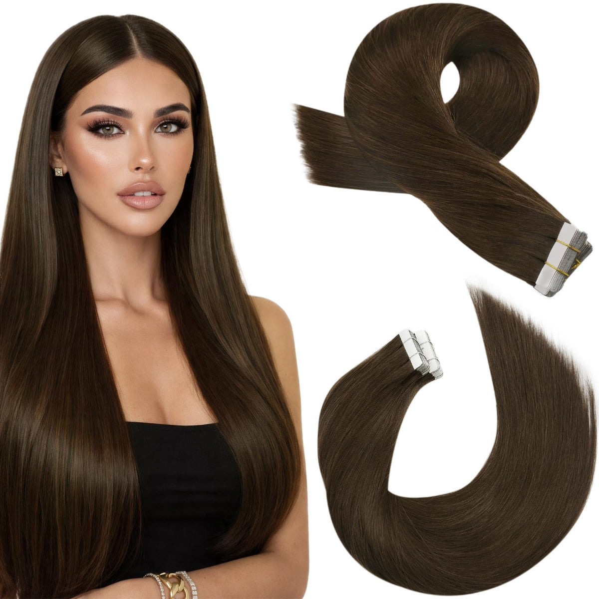 Extensions de cheveux Moresoo marron foncé 18 pouces, présentation avant