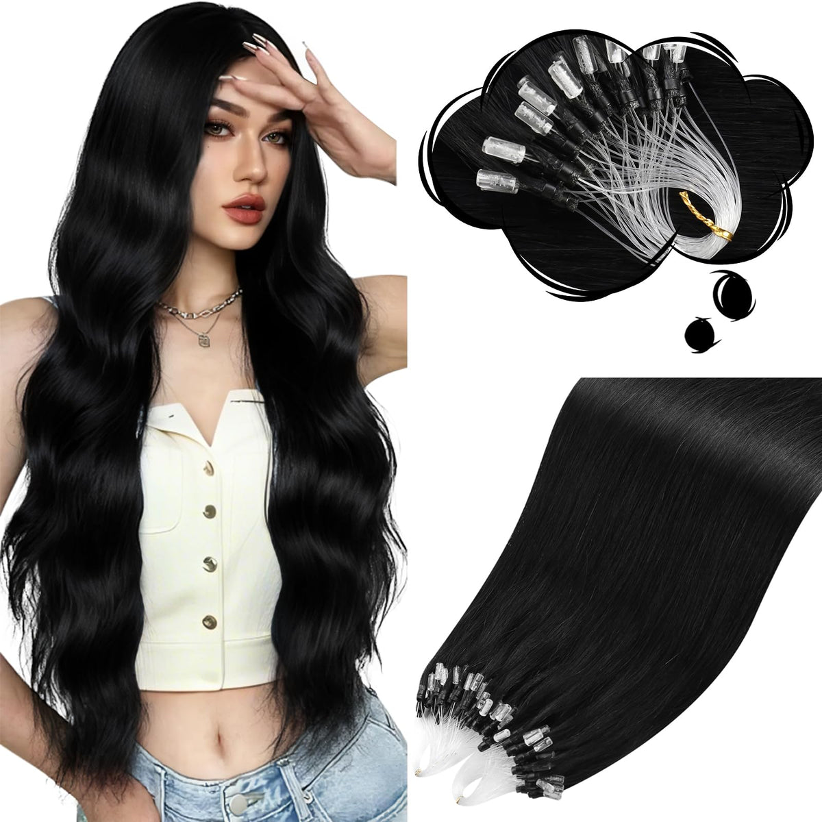 Extensions de cheveux Moresoo Microlink 24 pouces noir ébène vue de face