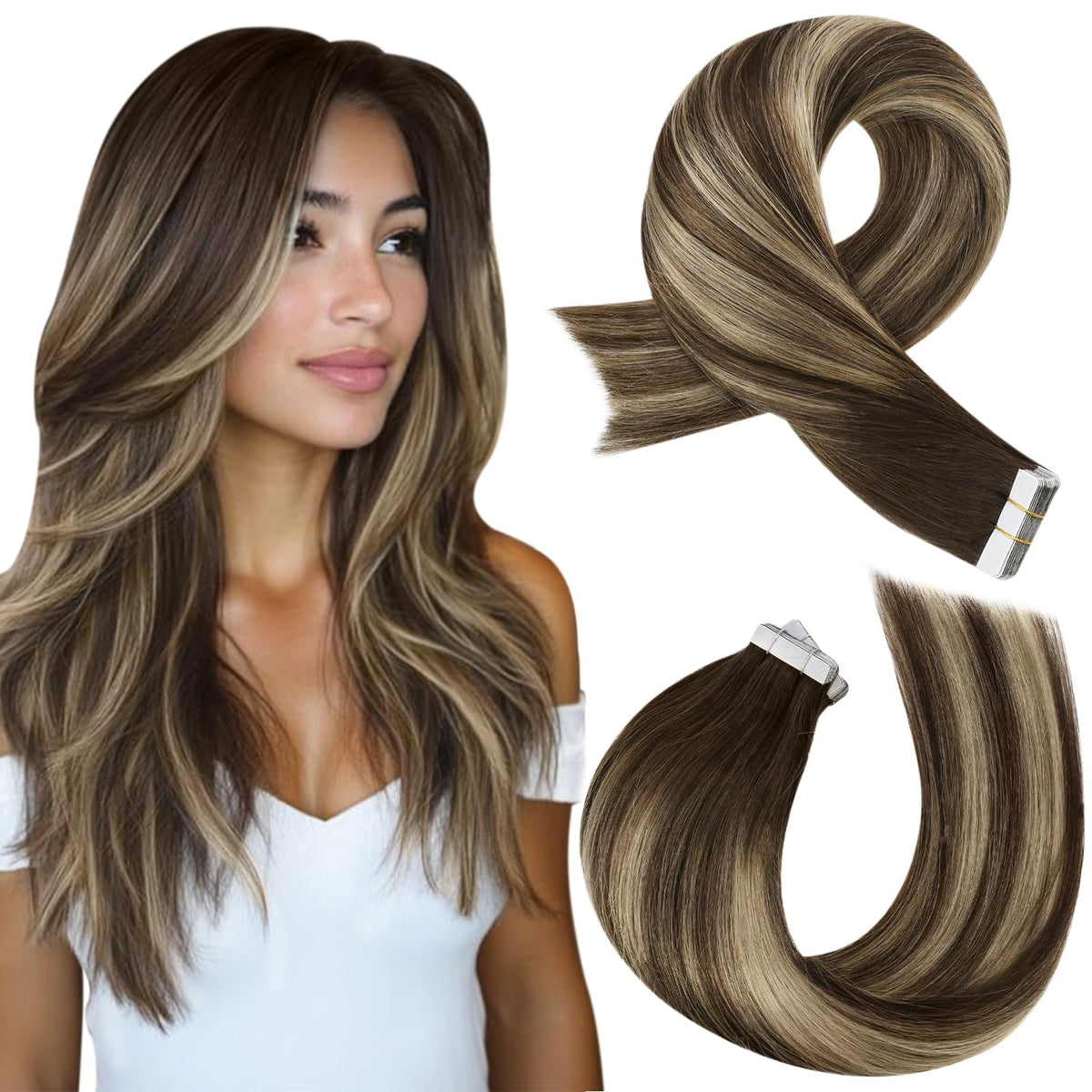 Extensions de cheveux Moresoo Tape en caramel balayage vue de face
