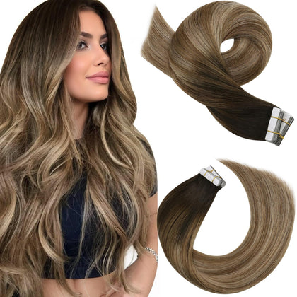 Extensions de cheveux Moresoo Tape-in Balayage Brun Doré 18in vue de face