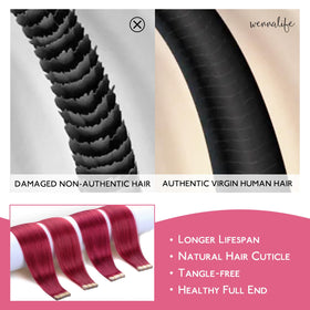 Extensions de cheveux naturelles de 22 pouces en rouge bordeaux, sur un fond neutre