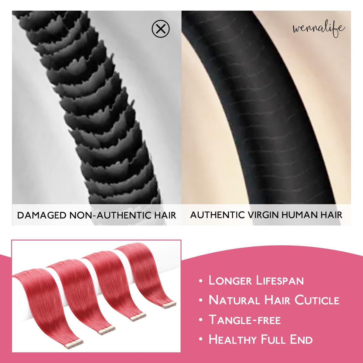 Extensions de cheveux naturels Wennalife rouge corail, détail du ruban adhésif
