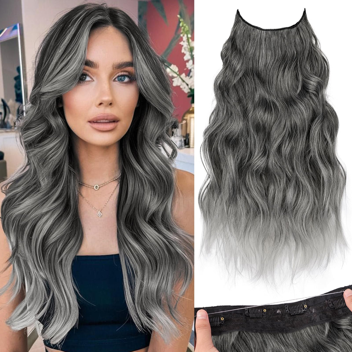 Extensions de cheveux ondulés KooKaStyle 20" gris, vue avant