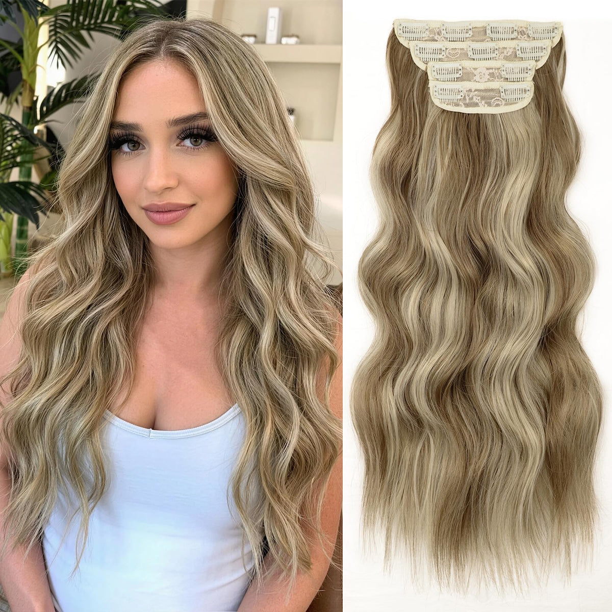 Extensions de cheveux ondulés KooKaStyle 20 pouces balayage blond foncé, vue de face