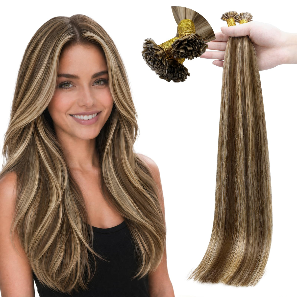 Extensions de cheveux Remy Full Shine 18 pouces brun avec reflets blonds avant plan