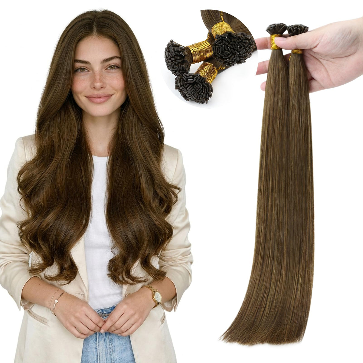 Extensions de cheveux Remy Full Shine brunes 18 in vue avant