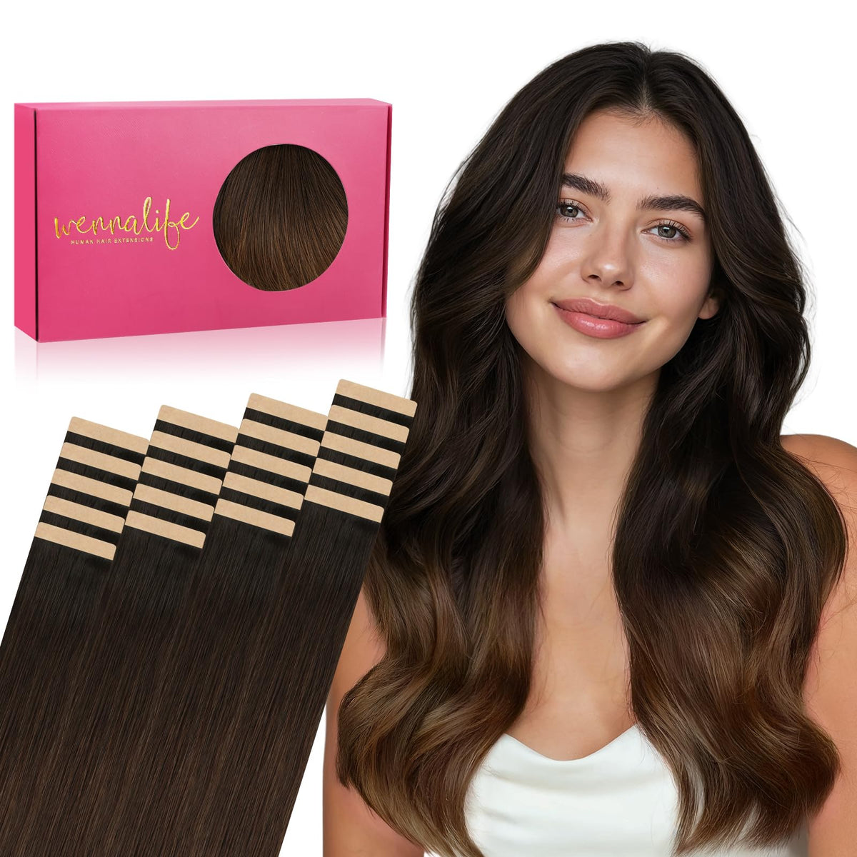 Extensions de cheveux remy Wennalife ombre brun foncé à châtaigne, 20 pouces