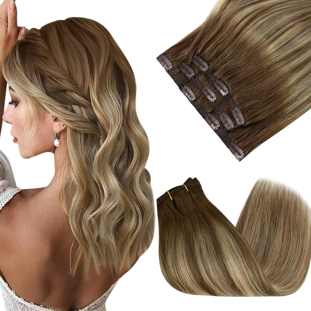 Extensions de cheveux Sunny Hair clip-in 7 pièces en balayage blond, vue de face