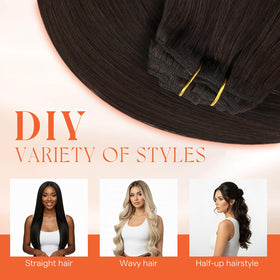 Extensions de cheveux Sunny Hair en chocolat marron avec coiffure stylée