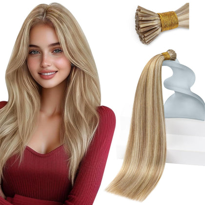 Extensions de cheveux Sunny Hair I-Tip 16" brun mélangé blonde vue de face