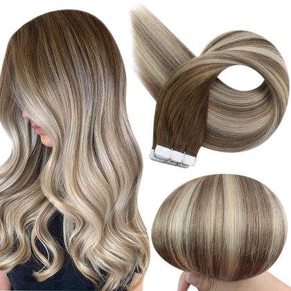Extensions de cheveux tape-in Fshine ombre châtain beige blond 18 pouces vue de face