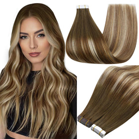 Extensions de cheveux Tape In Full Shine 14 pouces couleur châtain blond vue de face