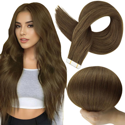 Extensions de cheveux Tape In Full Shine 18 pouces marron foncé vue de face