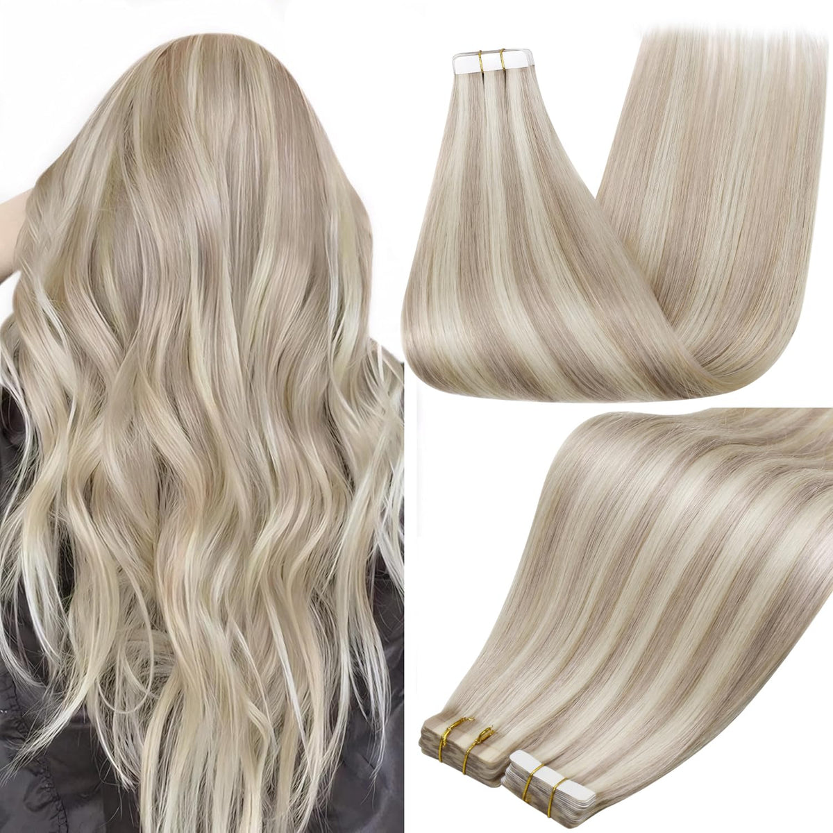 Extensions de cheveux tape in Full Shine 22 pouces blond cendré vue de face