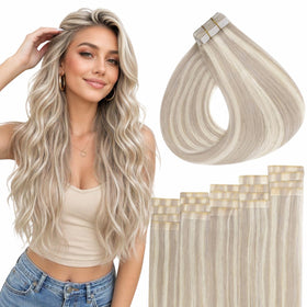 Extensions de cheveux Tape In Full Shine blonde cendre 24 pouces vue de face