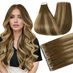 Extensions de cheveux tape in Full Shine châtaigne 22 pouces vue de face