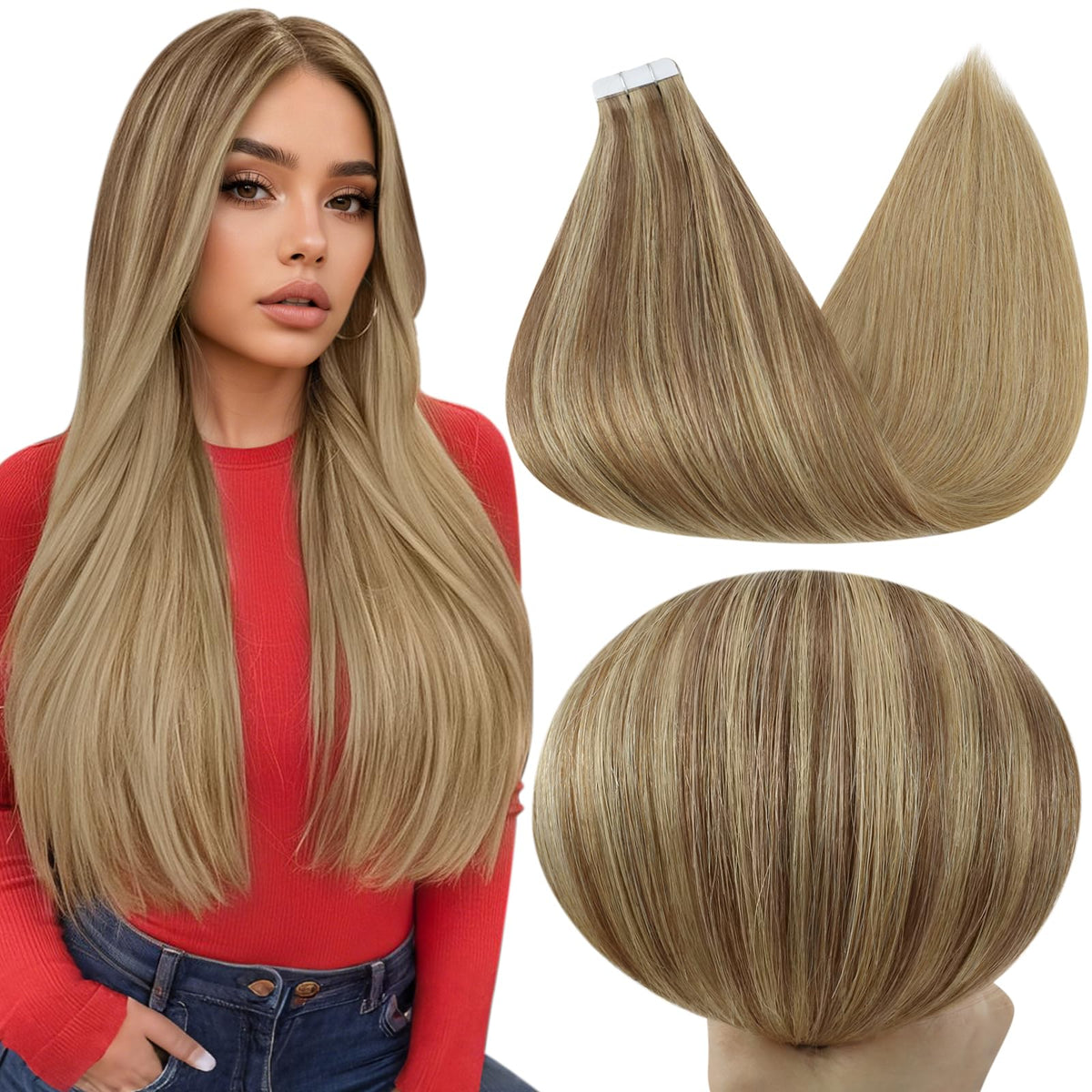Extensions de cheveux Tape In Full Shine de 18 pouces en châtain à blond beurre