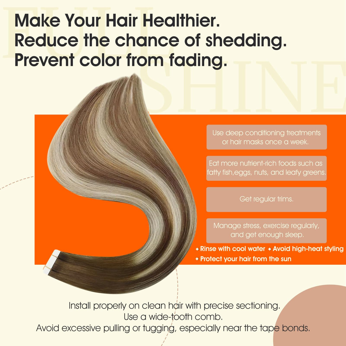 Extensions de cheveux Tape In Full Shine montrant la texture douce