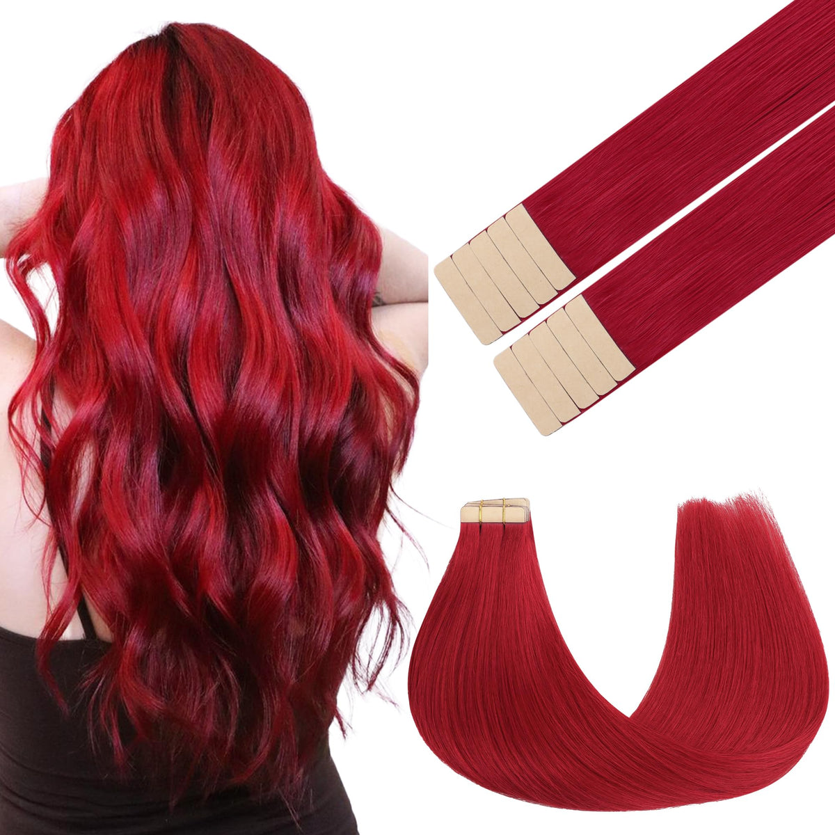 Extensions de cheveux tape-in GOO GOO rouges 20 pouces, vue de face